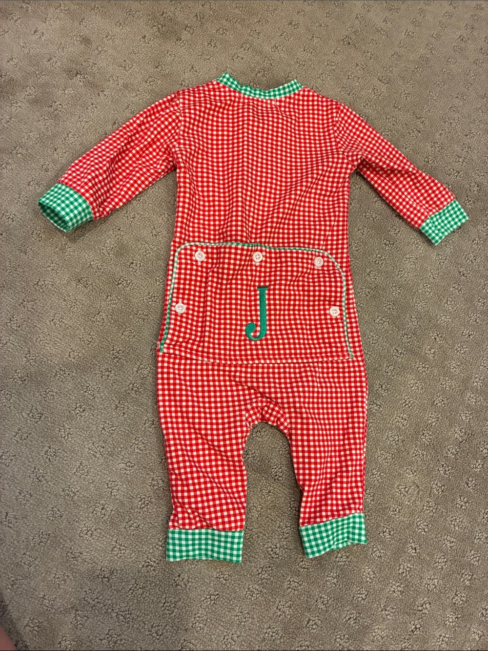 Red Gingham Baby onesie with Green Trim - Monogram J